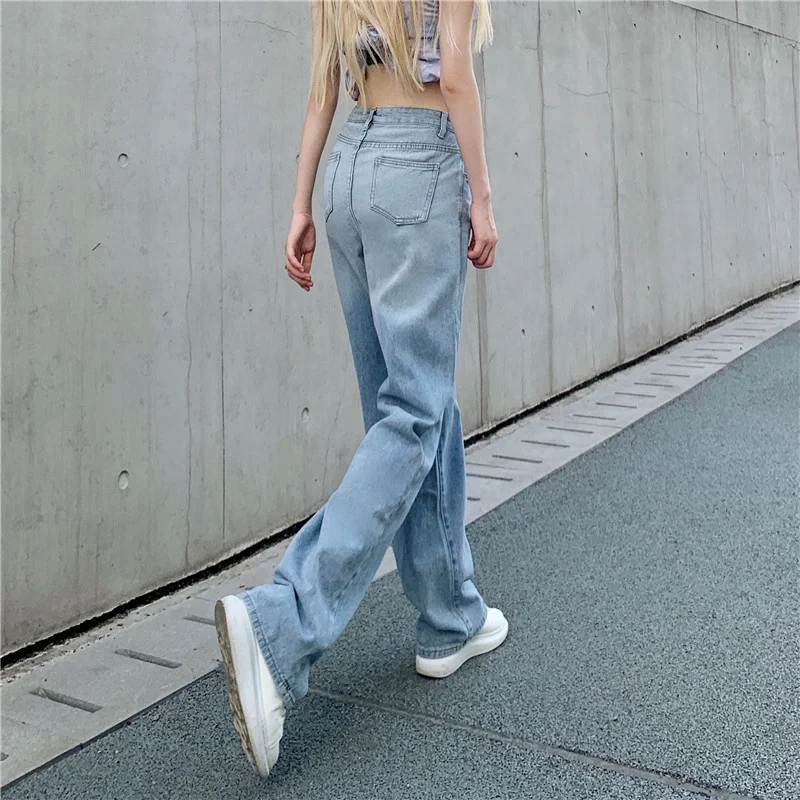 Women Summer New Casual Loose Denim Pants 2024 Low Waist Mom Fit Straight Wide Leg Jeans Gradient Light Blue Baggy Jean Female