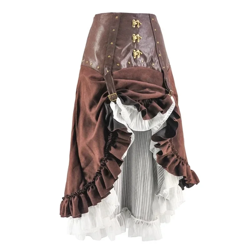 

Victorian Brown & White Leather Adjustable Asymmetrical Ruffle Vintage Steampunk Sexy Skirt Gothic Clothing Women Ladies Skirts