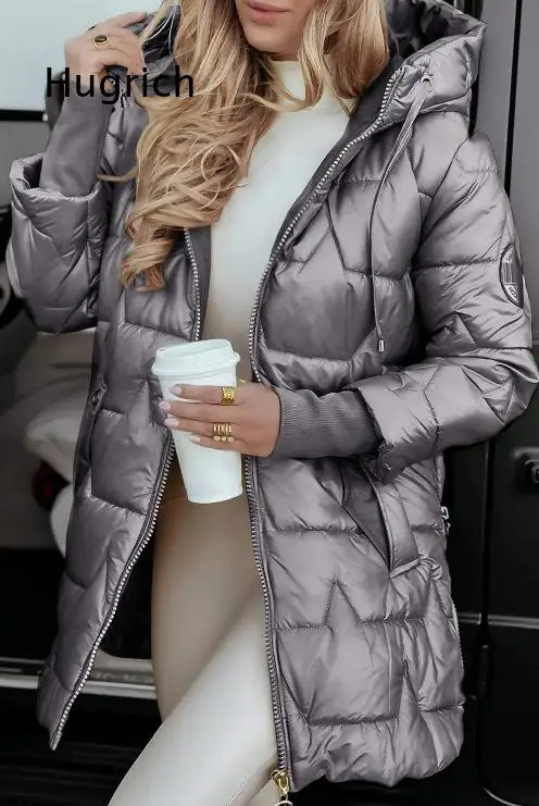 Womens Mid Length Hooded Padded Coat Three Zipper Design Casual Winter Outerwear Loose Warm Jacket For Daily Outing