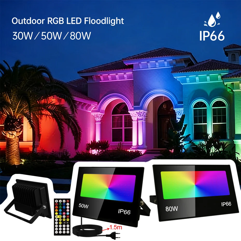 

Диммируемый светодиодный прожектор 30Вт/50Вт/80Вт RGB, теплый белый свет, 85-265В, вилка EU/US/AU/UK, водонепроницаемый RGB-прожектор для улицы и сада