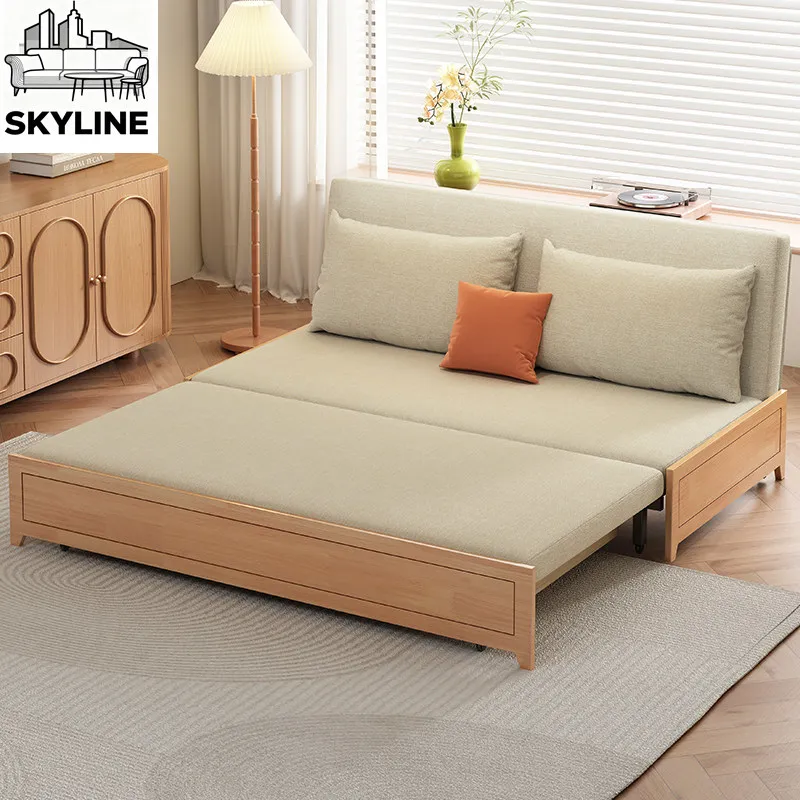 Solid wood sofa bed foldable dual-purpose multi-functional living room small apartment single double new fabric pull
