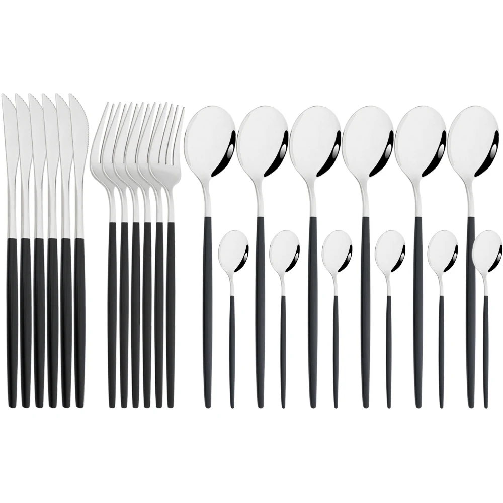 Black Silver 24pcs Stainless Steel Cutlery Set Fork Teaspoon Knife Silverware Mirror Dinnerware Flatware Kitchen Tableware Set