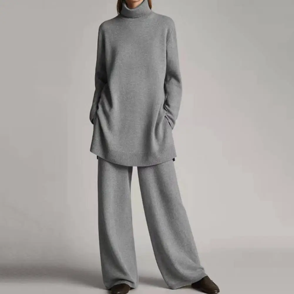Ins Style Women Autumn Tracksuit Knitted High Collar Sweatshirt Pants Set Oversized Loose Wide Leg Winter Sweatshirt Pants Set