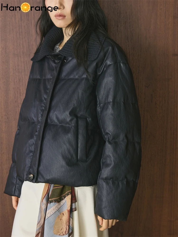 HanOrange 2025 موضة الشتاء الربط بولي White White Duck أسفل سترات المرأة سترة دافئة مريحة أسود أزرق داكن #3