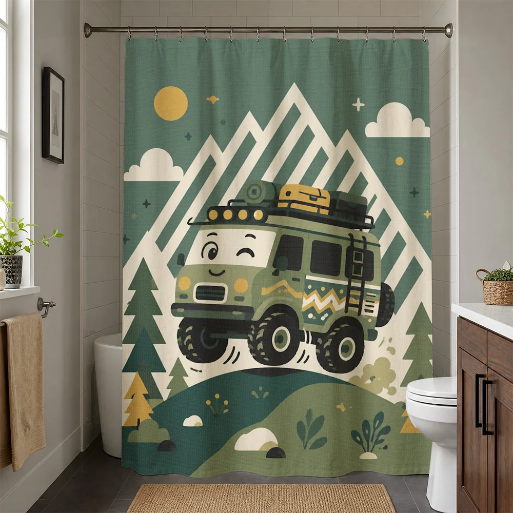 Cute Camper Van Shower Curtain Bathroom Decor Woodland Adventure Style Waterproof Shower Curtain