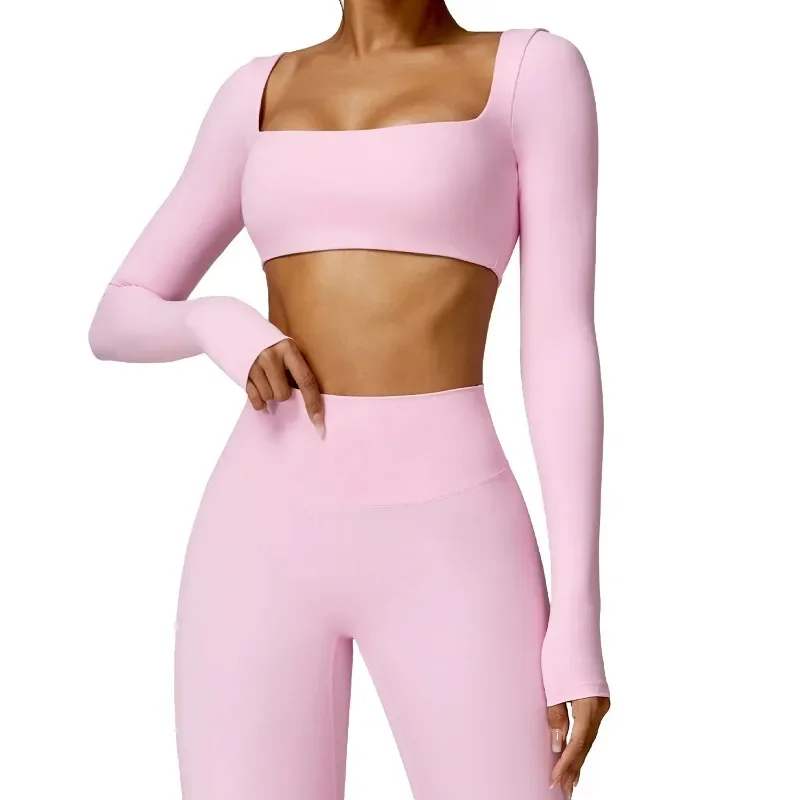 

Padded Yoga Shirts Nylon Long Sleeve Yoga Crop Tops Low Cut Shirts Gym Shirt Workout Gym Top Insert Pads Slim Fit Sports Sexy