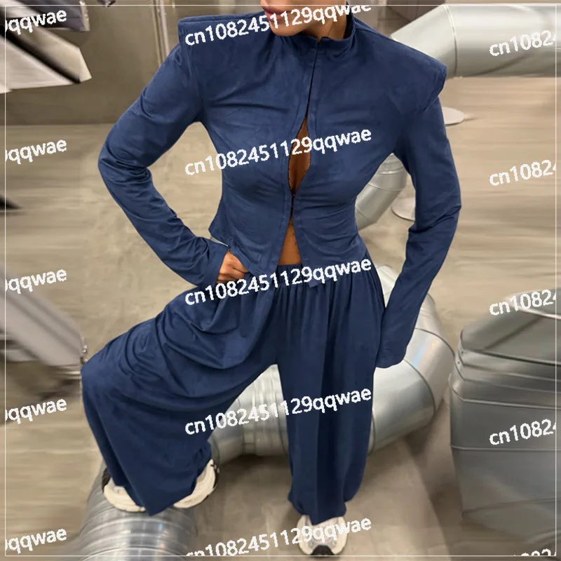 2026 spring new temperament fashion hollow long-sleeved top tied feet wide-leg trousers set