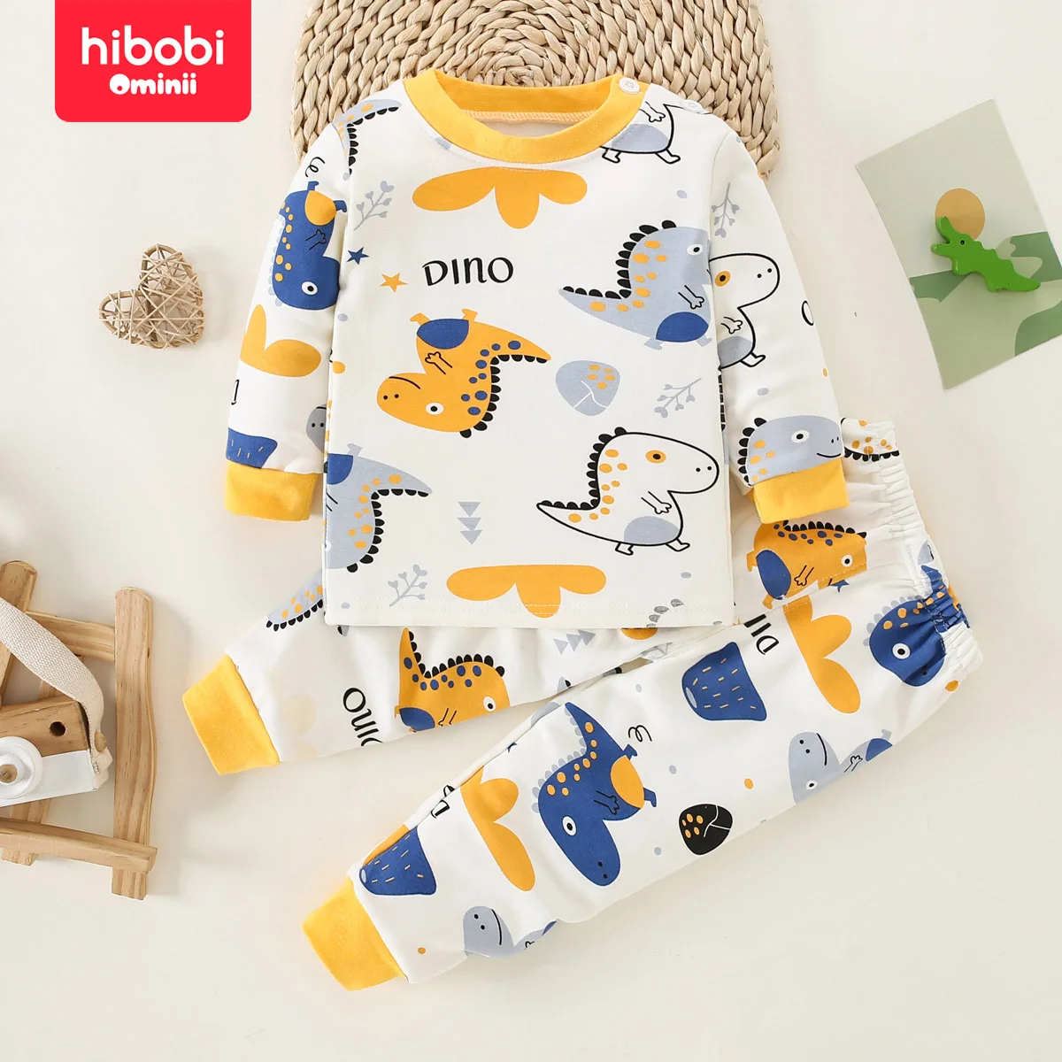 hibobi 2-Piece Baby Home Clothes Children\'s Long-Sleeved Cotton Pajamas And Pajama Pants Set Cartoon Cute Little Dinosaur Print