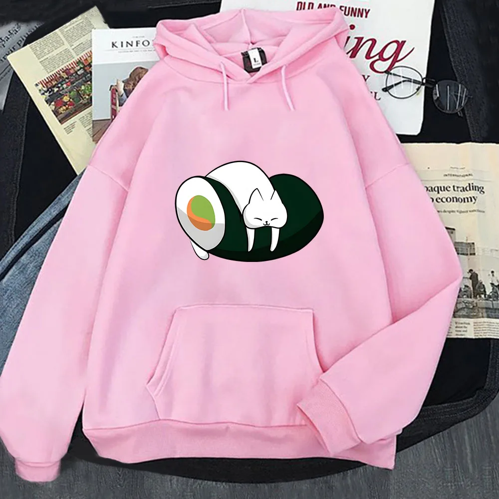 Cute Cat Loves Sushi Hoodies Kawaii Women Sweatshirt Cartoons Men Sudaderas Funny Fleece Long Sleeve Clothes Harajuku Casual