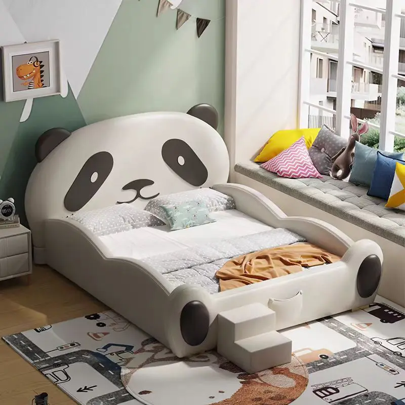 ！@High Grade Animal Cute Kids Twin Bed with Revolving Leather Panda Bed Animal Leather Beds for Kids