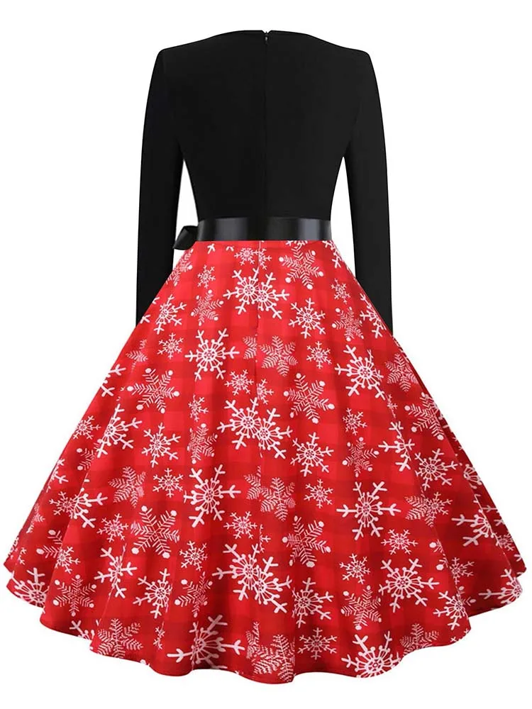 Vintage Kerst Swing Print Jurk voor Vrouwen Lange Mouw V-hals Casual Herfst Winter Sexy Nieuwjaar Feestkleding S ~ 3XL