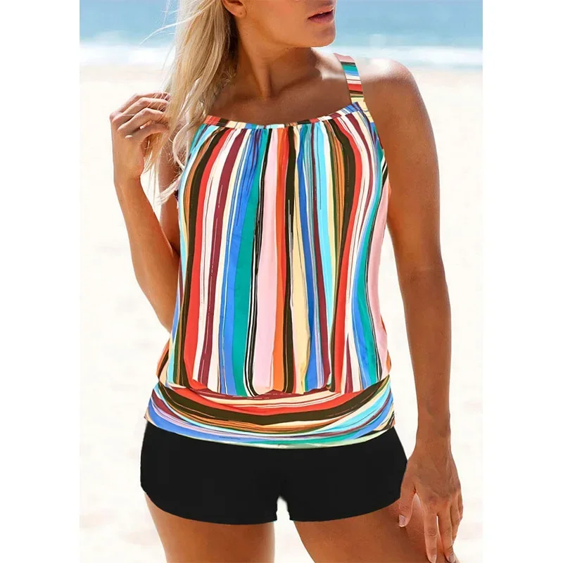 

Loose American Style Women's Stripe Bikini Set New Arrival Conservative Tankini Separate Swimsuit Female Swimwear