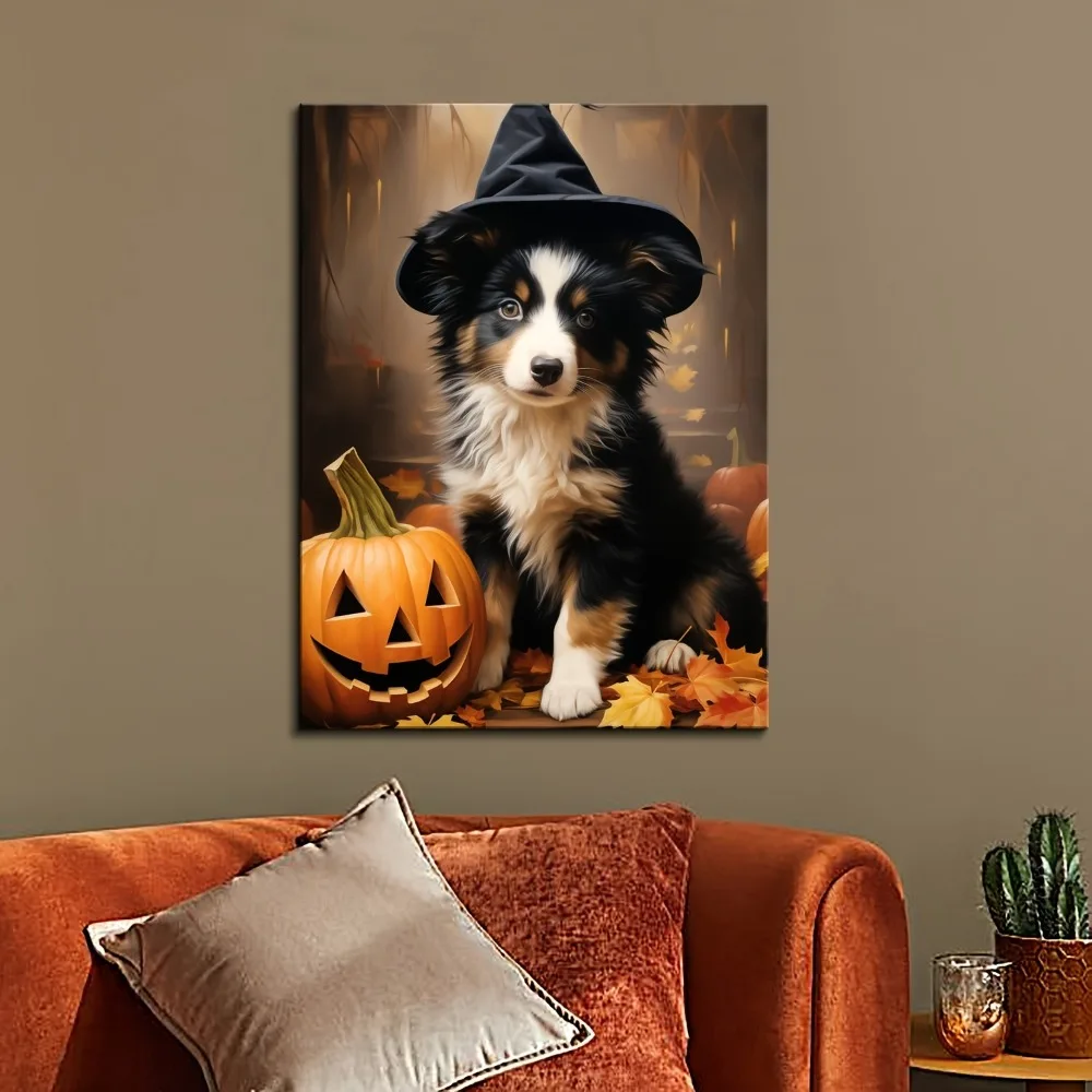 1.5 inch solid wood frame, Halloween cute puppy and pumpkin decoration, vintage fun animal decoration hanging picture.