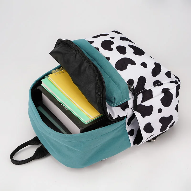 Women Mini Backpack Casual Cow Pattern Printing Daypack Small Green White Patchwork Shoulder Bag Teenage Girls Leisure Rucksack