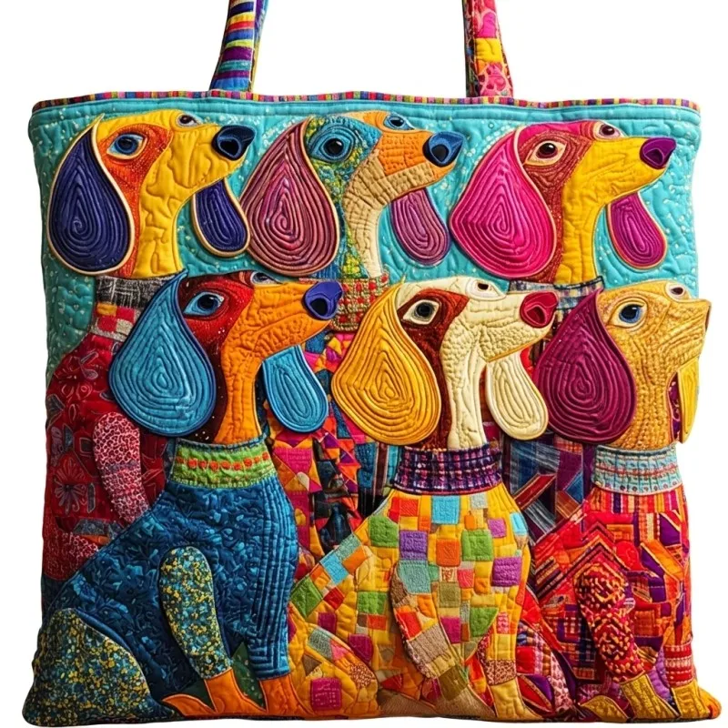 Quilted Tote Bag Colorful Cartoon Dachshund Patchwork Print Shoulder Handbag Women Casual Daily Accessory Reusable Shoulder Bag