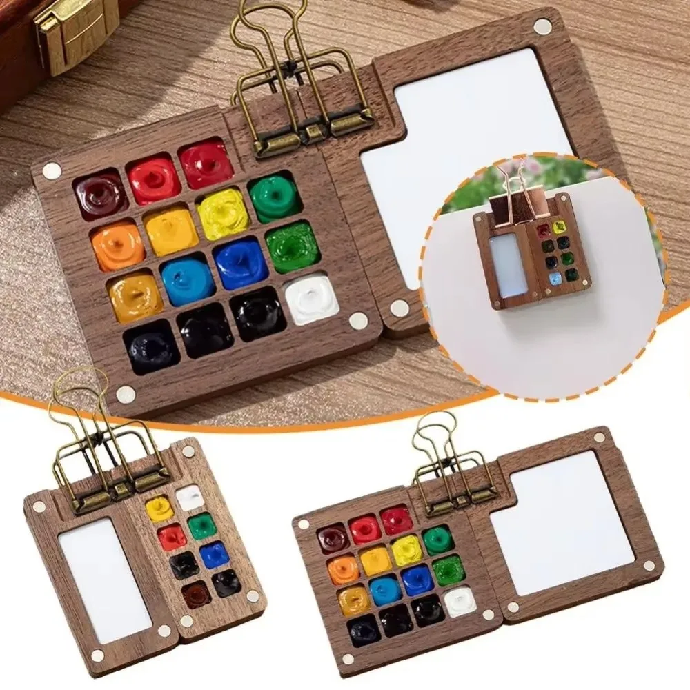 

New 8 Grids Pocket Palette Walnut Mini Size Mini Watercolor Set 15 Grids Wooden Wooden Watercolor Set Outdoor Painting