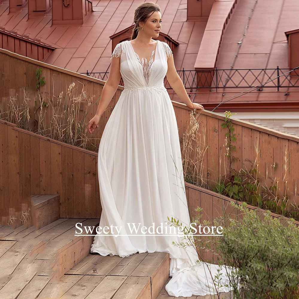 

Простое свадебное платье больших размеров по индивидуальному заказу с короткими рукавами и V-образным вырезом, аппликацией, плиссированное шифоновое свадебное платье трапециевидной формы, Vestidos De Novia