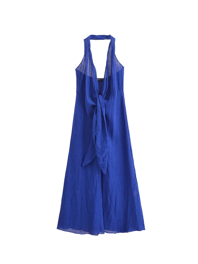 Nlzgmsj 2025 Women Fashion Summer  Blue Sexy Linen Blended Halter Collar Backless Long Dresses Chic Female Vintage Evening Dress