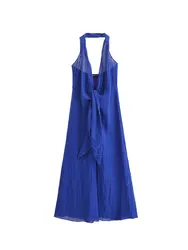 Nlzgmsj 2025 Women Fashion Summer  Blue Sexy Linen Blended Halter Collar Backless Long Dresses Chic Female Vintage Evening Dress
