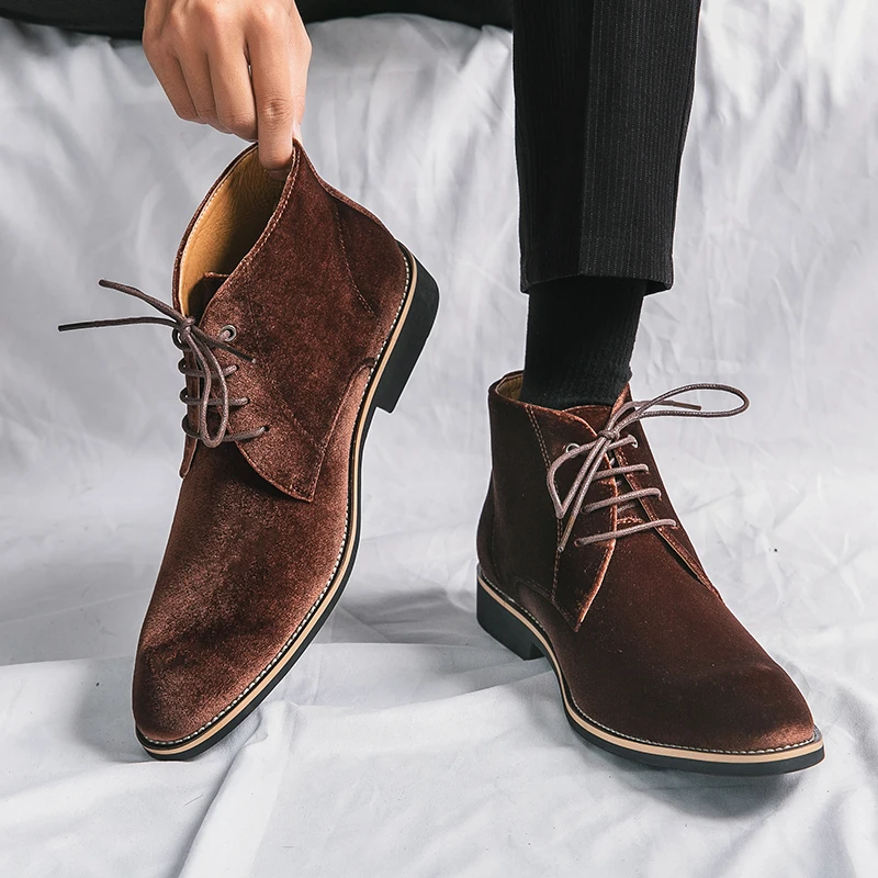 Spring Fashion Cowboy Boots Suede Shoes Men Casual Shoes Chelsea Motorcycle Boots Men's Formal Dress Booties Lace Up Men's Boots