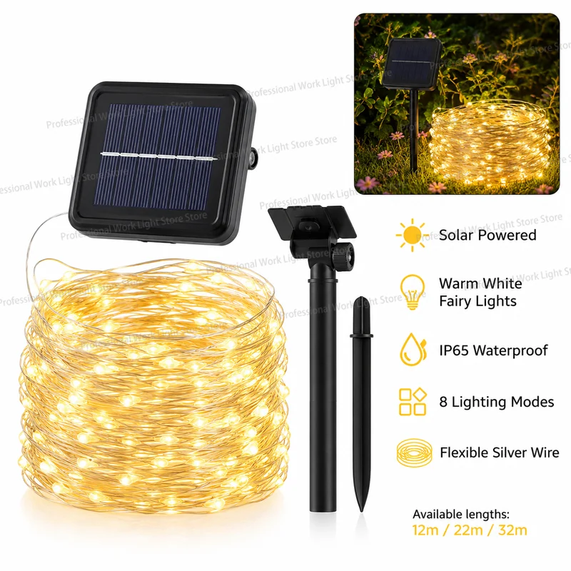 LED Solar Light Outdoor Garden Fairy String Light Silver Wire Garland Light Waterproof Lamp for Christmas Patio Tree Party