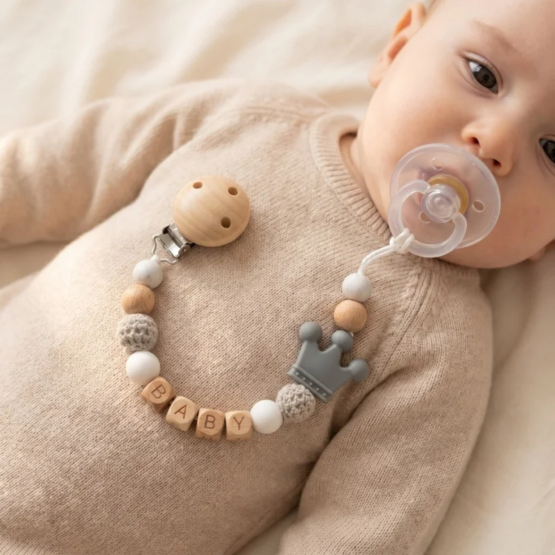 

Custom Name Pacifier Chain Wooden Silicone Beads Crown Baby Teething Clip Food Grade Dummy Holder Newborn Soother Strap