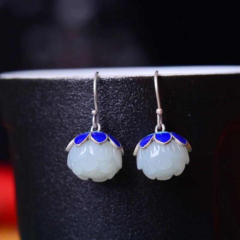 

S925 Silver Plated Inlaid Hetian White Jade Linlang Baked Blue Earrings Women