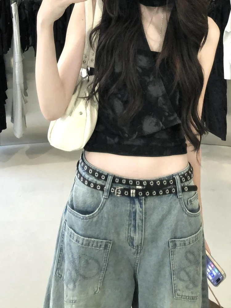 Celana Jeans Wanita American Heavy Du Star Rhinestone Musim Panas Longgar CleanFit Serbaguna Model Kaki Lebar Panjang Menyentuh Lantai Trendi