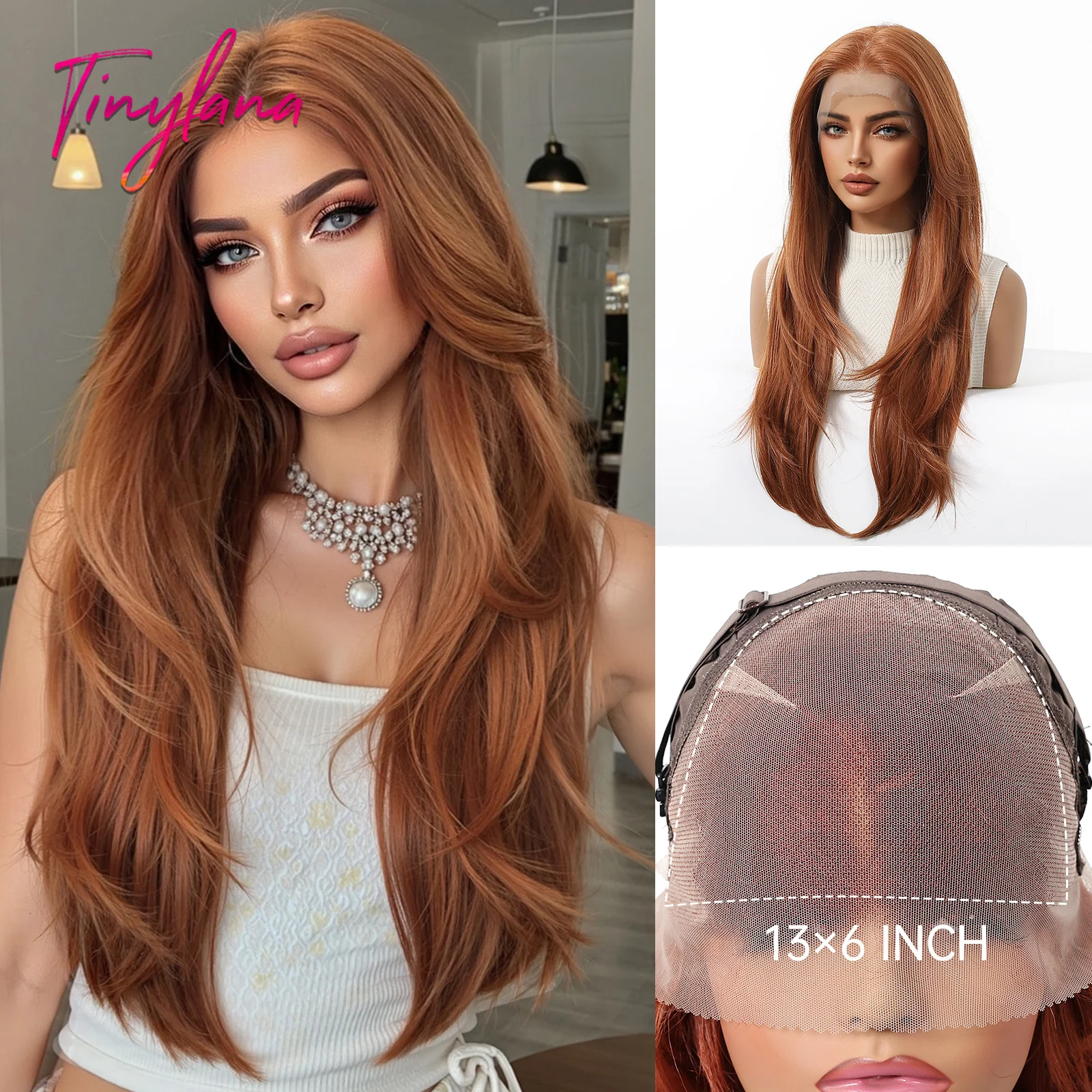 Ginger Orange 13x6 Lace Front Synthetic Wigs for Women Long Straight HD Transparent Lace Natural Hairs Wig Daily Heat Resistant
