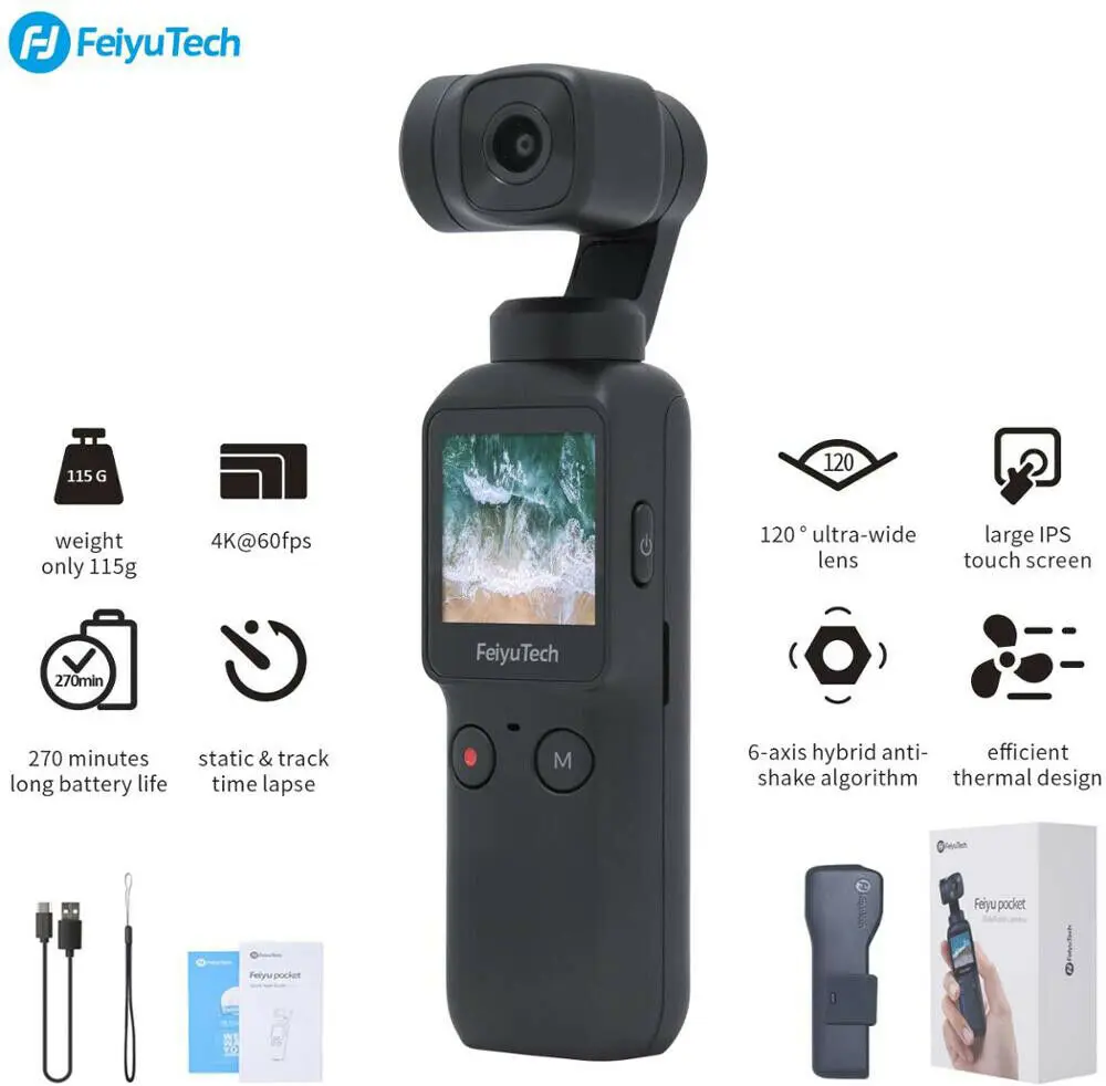 Feiyu Pocket 6 Axis 120 Degree Ultra Wide Angle Video HD 60fp 4k Camera Gimbal Stabilizer For Video Recording