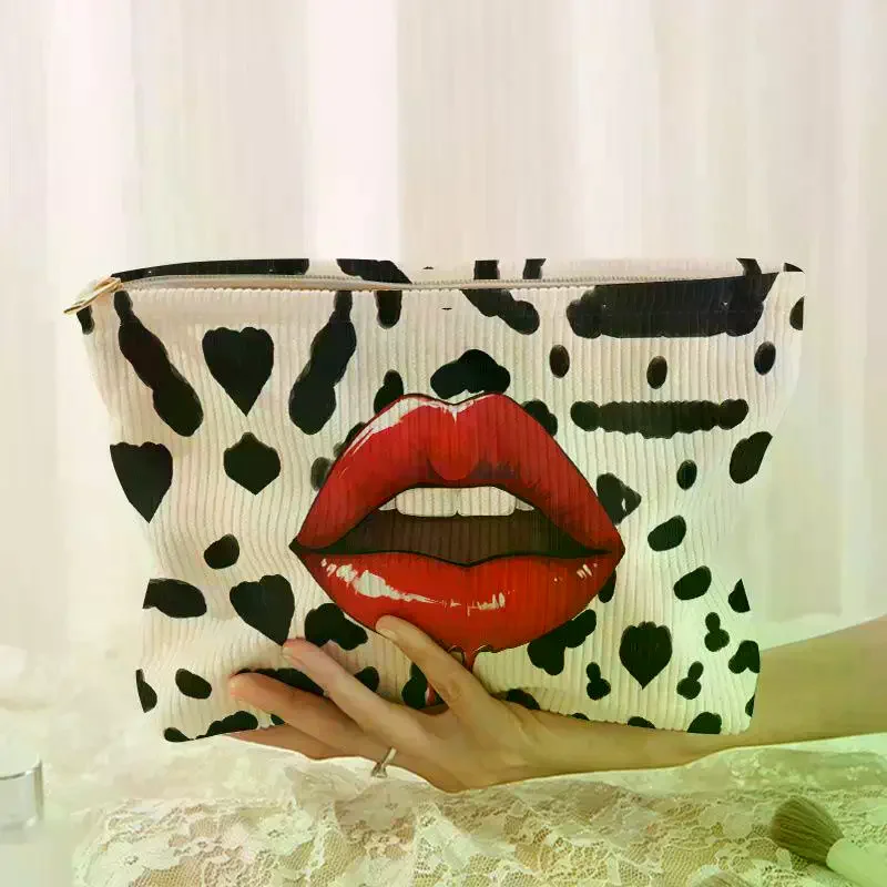 Lip Print Makeup Bag Corduroy with Zipper Practical for Women Travel and Cosmetic Storage