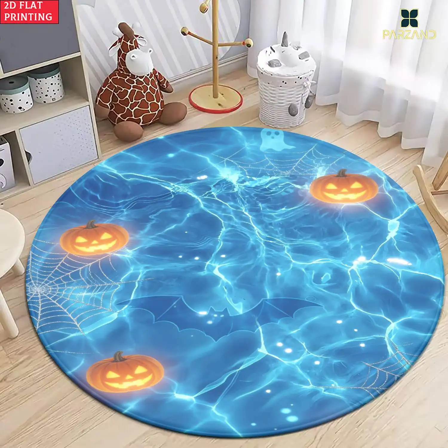 Decorative Round Halloween Pumpkin Bat Glow Rug Polyester Mat for Living Room Party Home Decor Accent Carpet