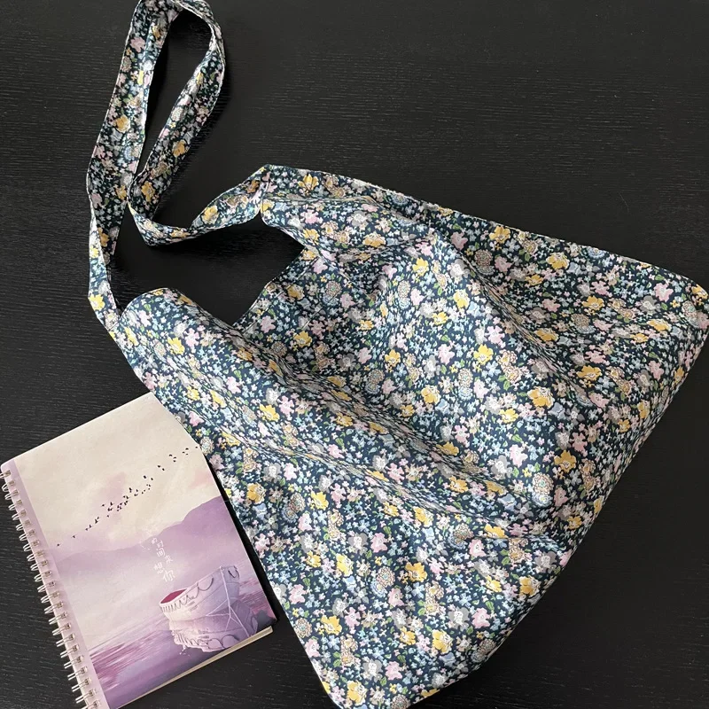 Indigo Blue Floral Shoulder Bag - Slim Cotton Crossbody Tote Lunch Bags for Women Bag Organizer