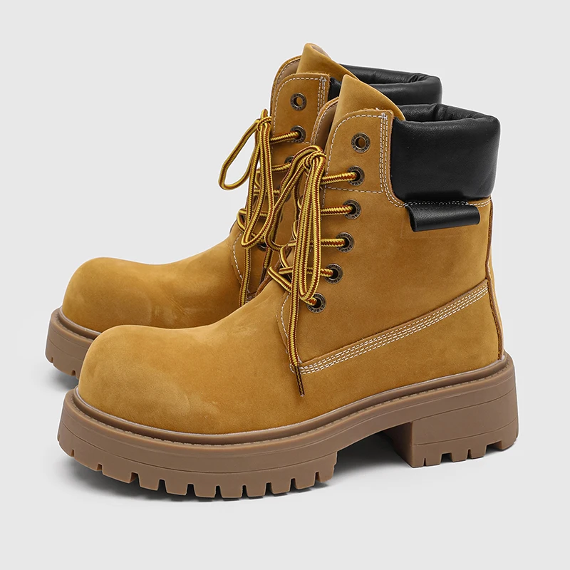 Thick Soled Big Yellow Boots Height Increasing Men High Top Boots Color Blocking Anti Slip Outdoor Fashion Work Short Boots
