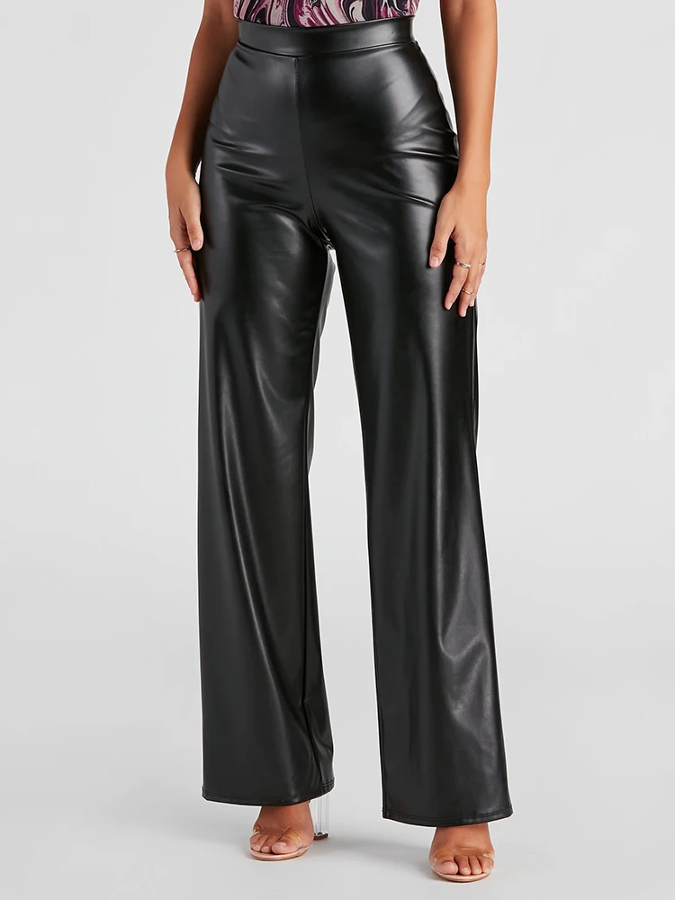 Women Black Matte High Waist Faux Leather Elegant Pants  Ladies Casual PU Straight Stretch Trousers Support Custom New