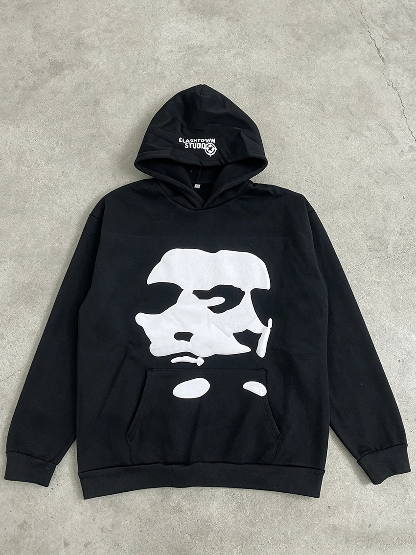 Y2K Women Oversize Hooded Sweatshirt Fashionable Abstract Face Flocking Graphic Back Big Number 3 Print Casual Streetwear Hoodie