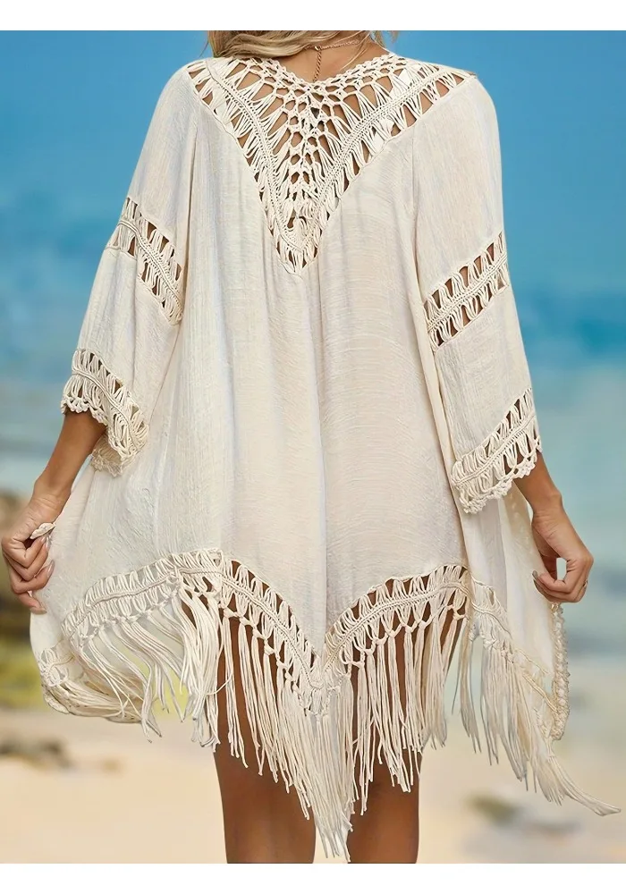

Bohemia Beach Cover Up Women 2026 New Solid Color Handmade Crochet Patchwork Sunscreen Cardigan Tassel Sexy Cover Up