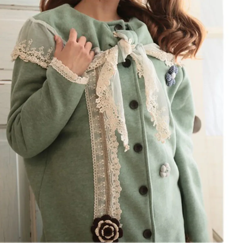 Japanese Winter Mori Girl Coat Women Wool Blend Snow Flower Appliques Lace Layer Decorate Cotton Female Kawaii Coat A140