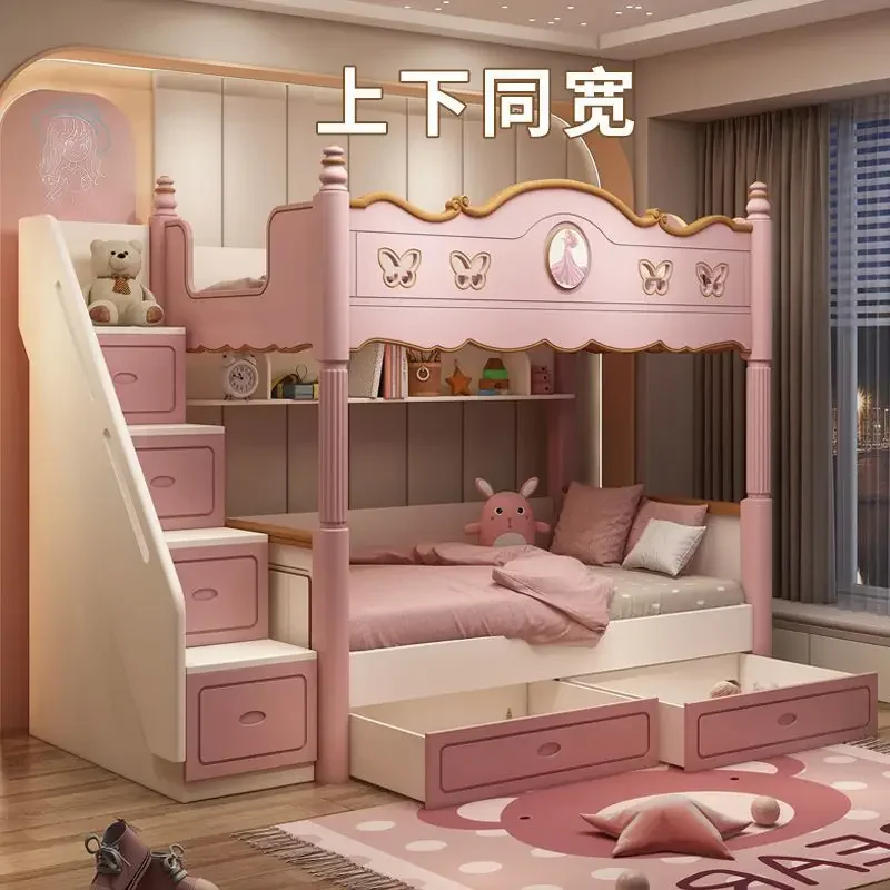 Upper and lower beds Same width High and low beds Bunk beds Girl mother bed Princess bed Upper and lower bunk pink with slide