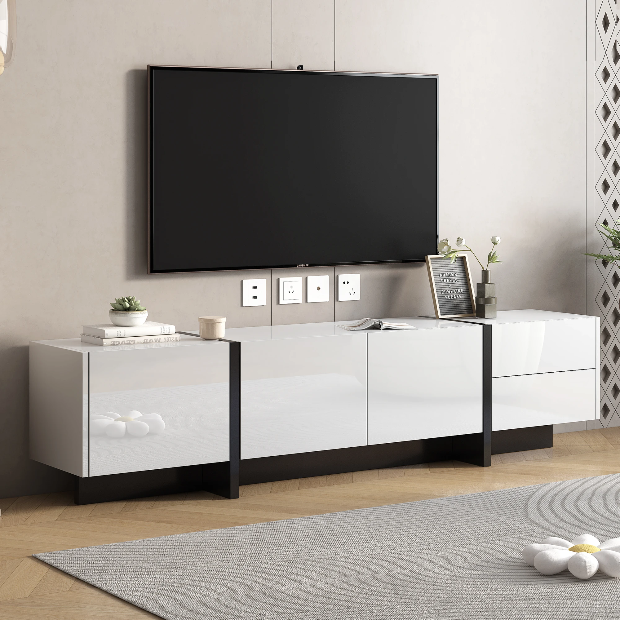 White&Black Modern Rectangle Design TV Cabinet Stand Unique Style TV Console Table for TVs Up to 80