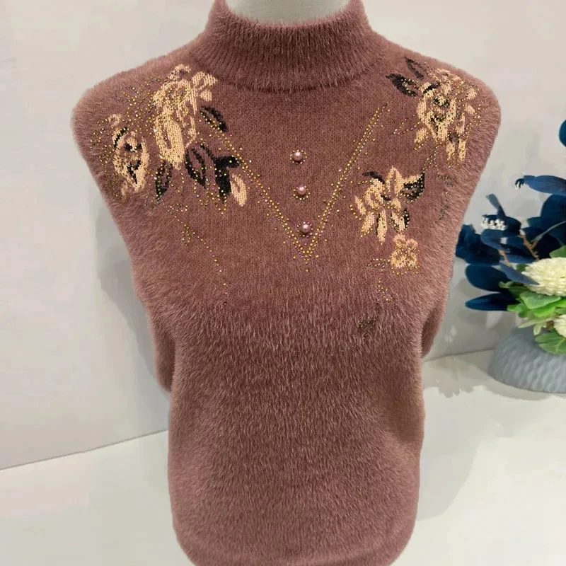 Mother Autumn Winter Sweater New Imitation Mink Velvet Thick Warm Women Pullover Elastic Soft Embroidery Female Knitted Jumper