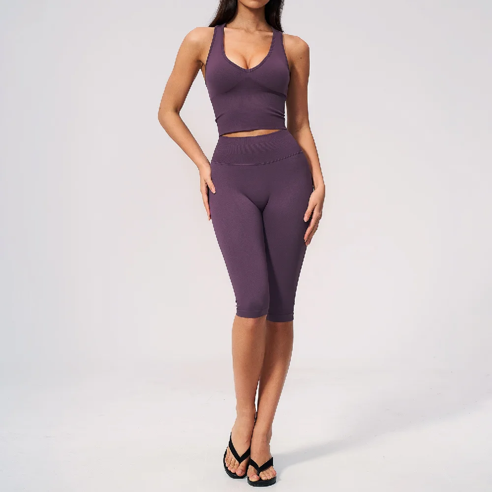 Seamless 2PCS Yoga Clothes Women Tracksuit Breathable Shockproof Vest High Waist Butt Lift Middle Pants Running Workout Clothes