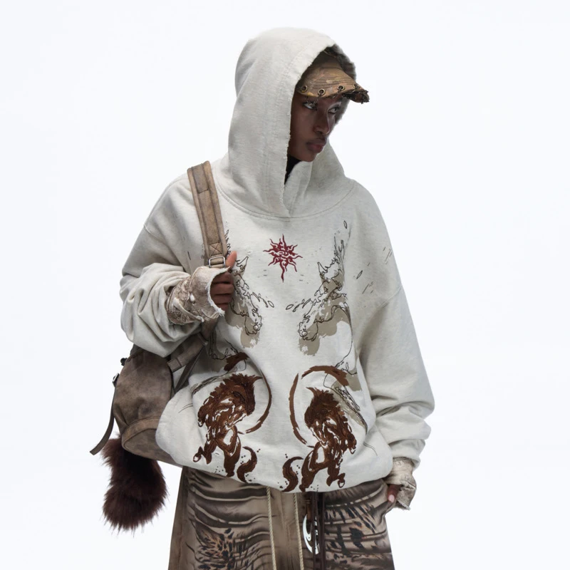 HKSH Spring Autumn New Men Loose Casual Embroidery Print Hooded Sweatshirt Trendy Fashion Frayed Edge Hoodies Streetwear HK16706