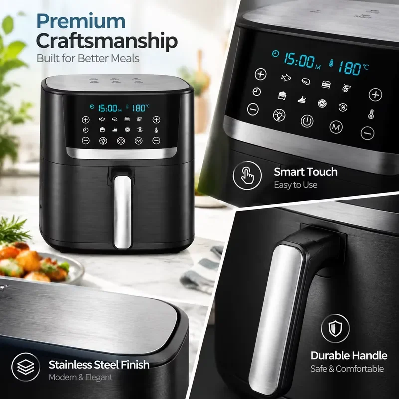 6.5-Liter Modern Classic Square Electric LCD Touch Screen Stainless Steel Air Fryer for Healthy Cooking at Home
