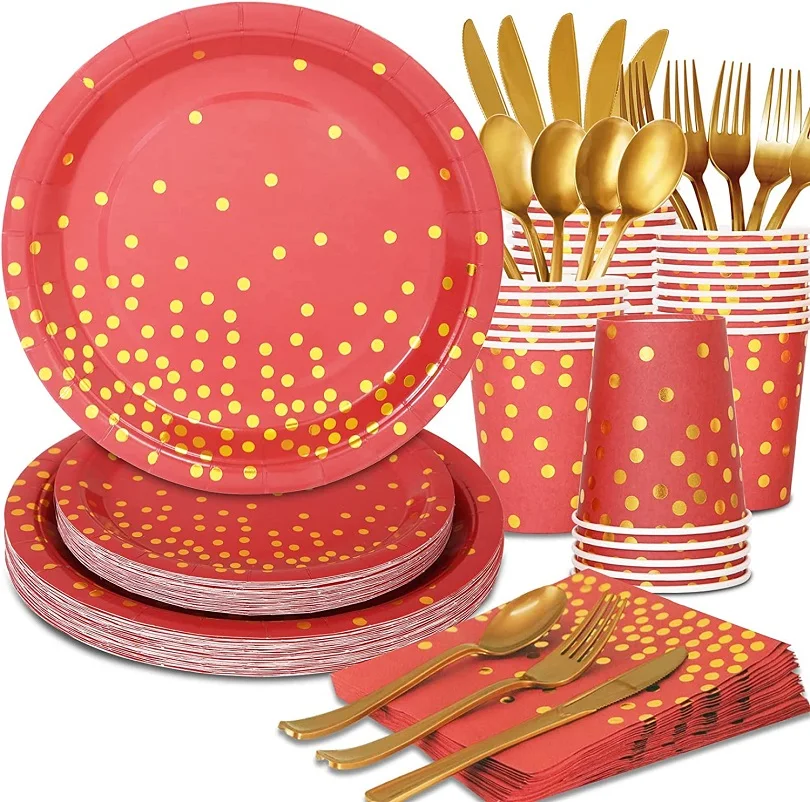 Red Gold Paper Plates Party Supplies Red Disposable Dinnerware Sets Children Birthday Plates for Wedding Thanksgiving Christmas