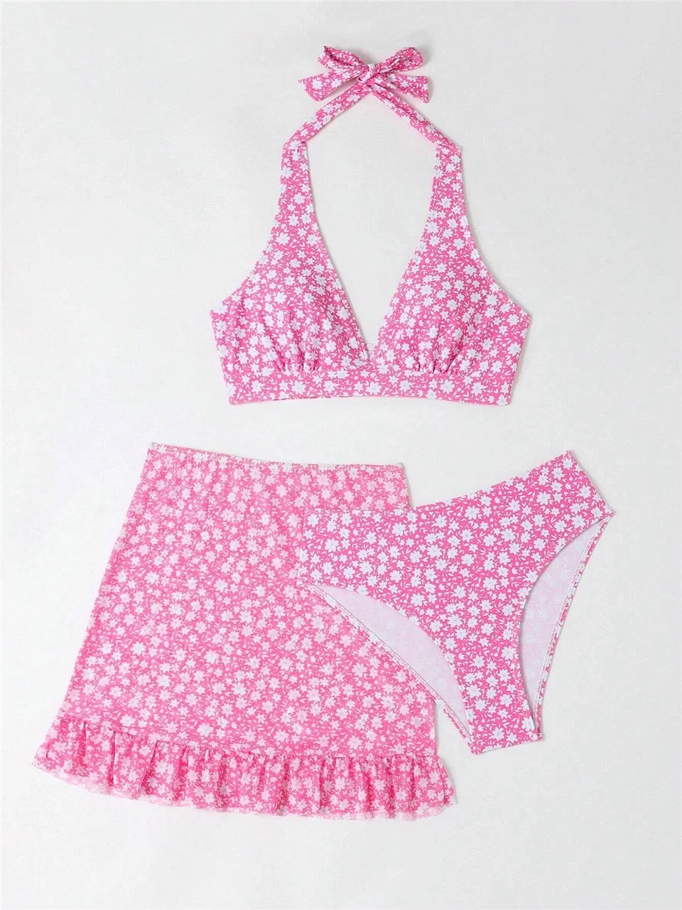 Traje de baño de Bikini con cuello Halter estampado de 3 piezas con volantes falda para la playa traje de baño 2024 ropa de playa para mujer traje de baño femenino