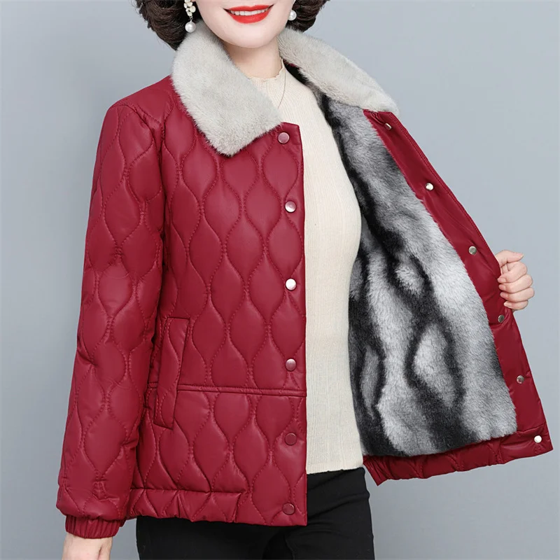 

Mom's Cotton Jacket With Plush Thickened New Women Winter Leather Cotton Coat Fashionable Fur Collar Loose Cotton Jacket Female