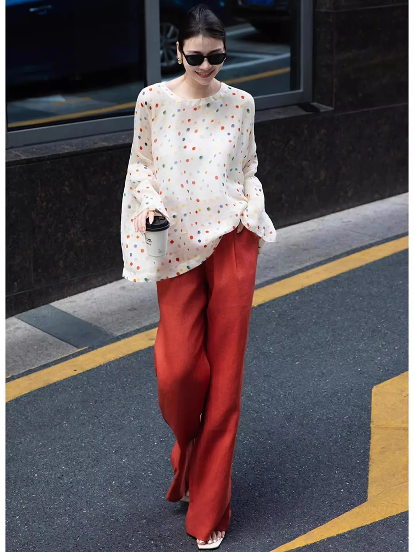 2025 Otoño Faion Set Ele Lady Long Sve Polka Dot irt Pantalones de pierna ancha Conjunto de dos piezas Ropa de trabajo French Sle Mujer C...