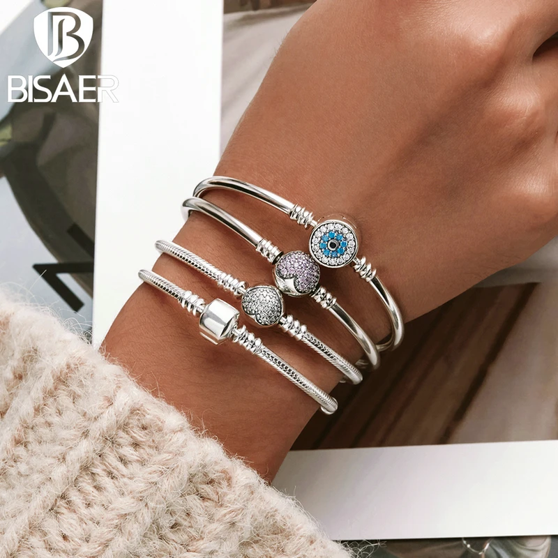 BISAER 100% 925 Sterling Silver Basic Snake Chain Zircon Bracelets Blue Demon Eye Bracelet & Bangles Charm Sizes 17–21 Jewelry