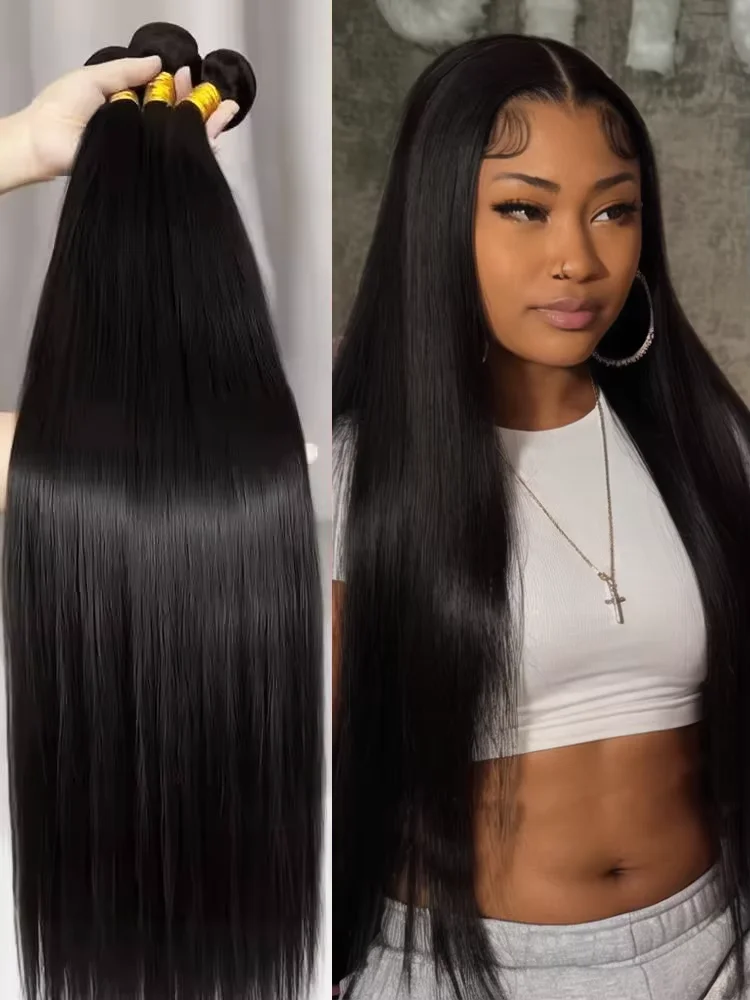 

Бразильские необработанные пучки человеческих волос, 30 дюймов, прямые, 3 4 пучка, наращивание волос Virgin Remy, женские пришивные быстро плетения, пучок